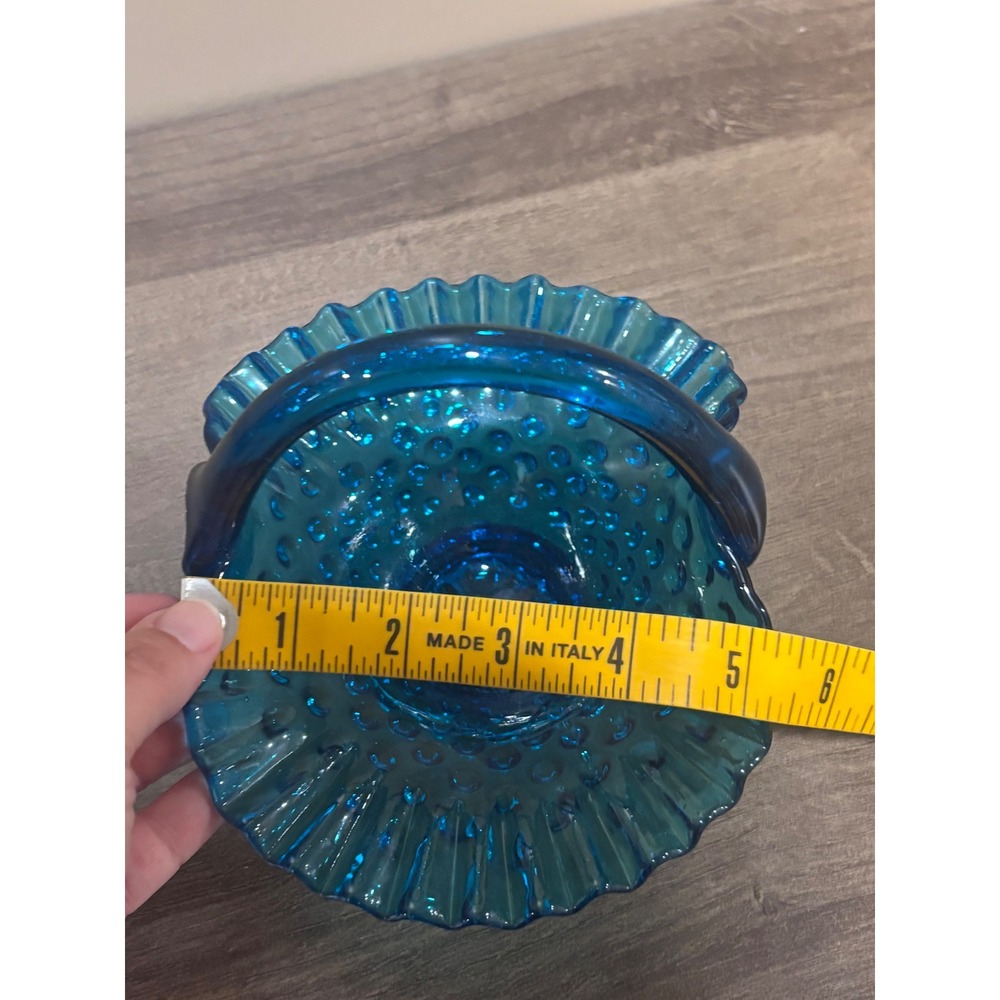 Vintage Fenton Hobnail Blue Glass Basket Ruffled Edge Crimped Candy Dish 7 inch - Picture 9 of 9